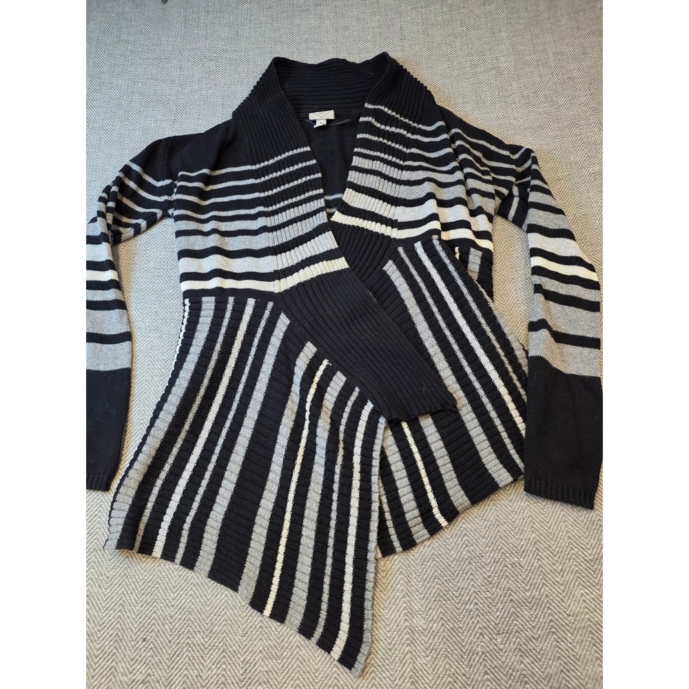 St. John's Bay Cardigan Sweater Womens M Black Gray Striped Cotton Open Front
